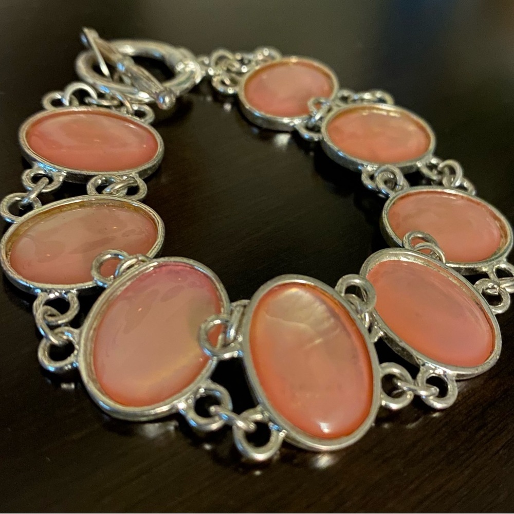 Worthington Pink Opalescent Link Bracelet Silver Tone Statement Jewelry Vintage